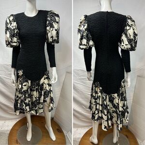 Vintage 80s Women’s 6 Lorrie Kabala Black White Puff Sleeve Midi Long Dress